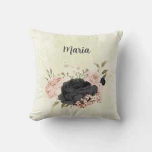 Coussin fleurs roses blush noir