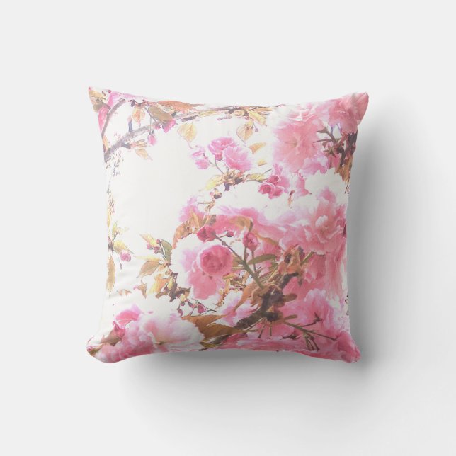 Coussin Fleurs roses Cherry Blossom motifs floraux Sakura (Recto)