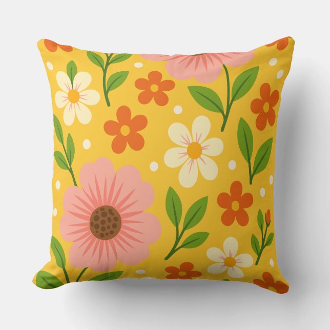 Coussin Fleurs roses, crème et orange avec des feuilles ve (Recto)