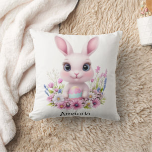 Coussin Fleurs roses de lapin mignonnes à l'oeuf de Pâques