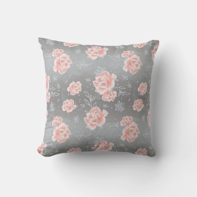 Coussin Fleurs roses douces et flocons de neige (Recto)