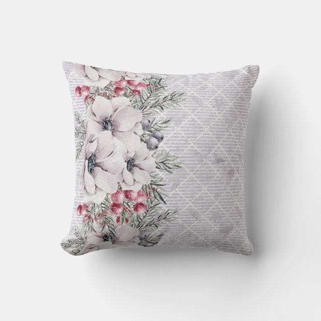 Coussin Fleurs roses douces sur gris géométrique (Recto)
