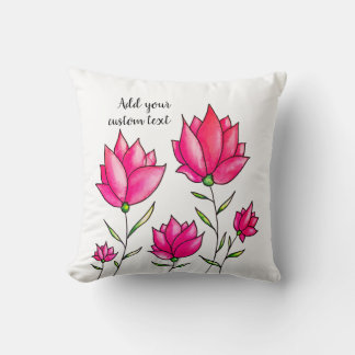 Coussin Fleurs roses Encre Aquarelle Artsy Texte Personnal