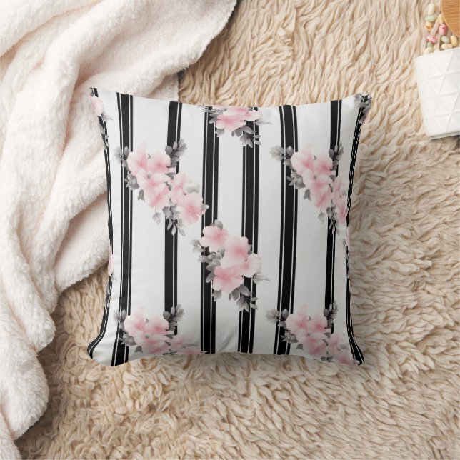 Coussin Fleurs roses et bandes noires (Couverture)