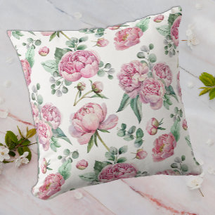 Coussin Fleurs roses et feuillage d'eucalyptus aquarelle