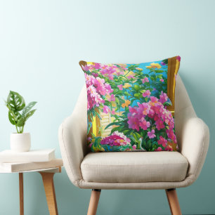 Coussin Fleurs roses et floral de thé
