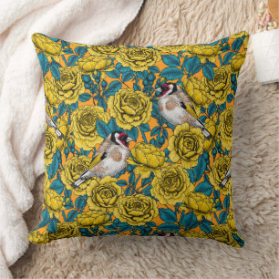 Coussin Fleurs roses et oiseaux dorés