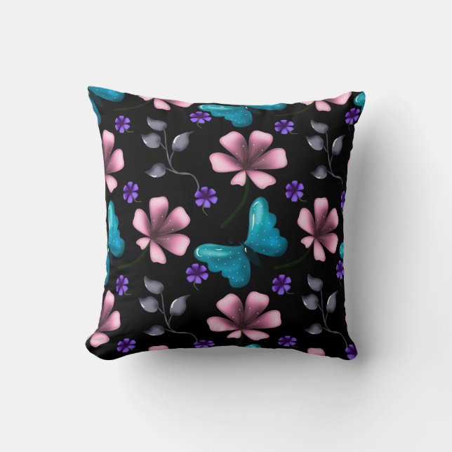 Coussin Fleurs roses et papillon bleu fantaisistes sans co (Recto)