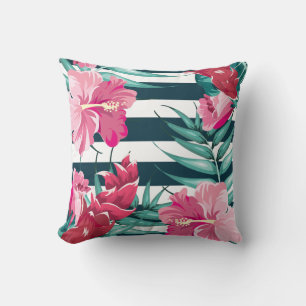 Coussin Fleurs roses exotiques Monogrammes rayés