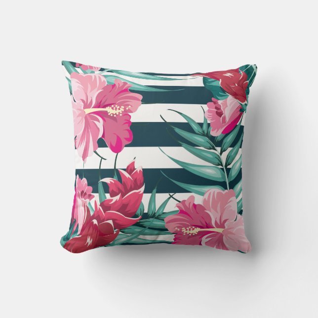 Coussin Fleurs roses exotiques Monogrammes rayés (Recto)