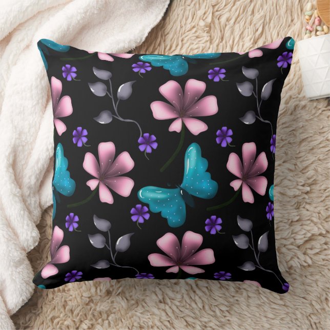Coussin Fleurs roses fantaisistes et papillon bleu sans co (Couverture)