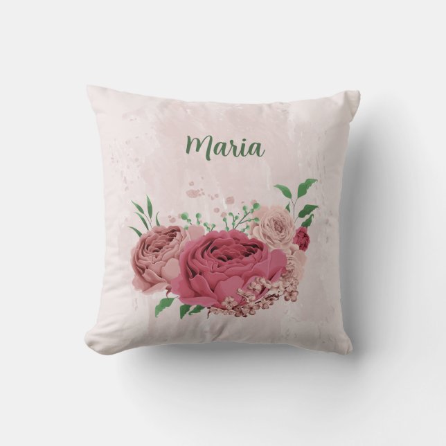 Coussin fleurs roses feuilles vertes  (Recto)