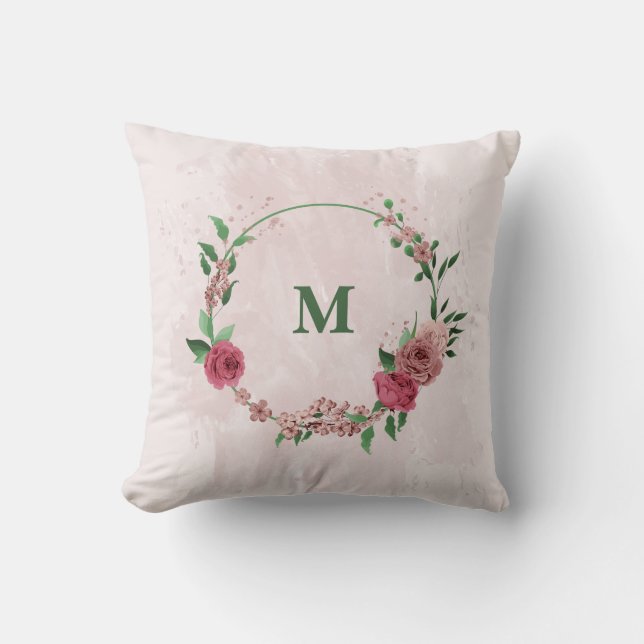 Coussin fleurs roses feuilles vertes  (Recto)