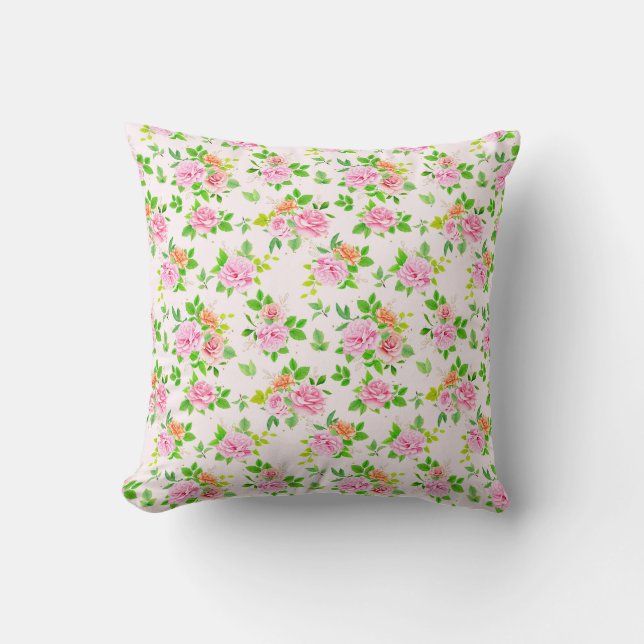 Coussin Fleurs Roses florales avec Motif Feuille vert (Recto)
