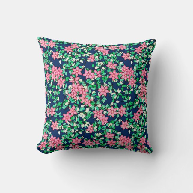 Coussin Fleurs roses, fond bleu foncé (Recto)