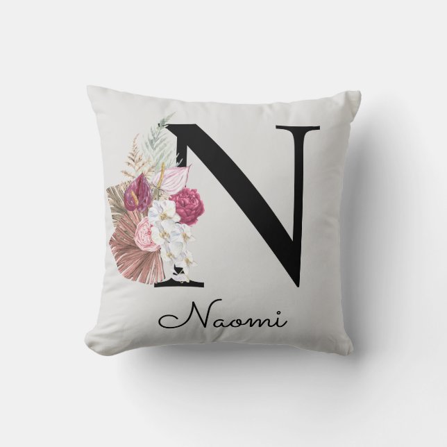 Coussin Fleurs roses initiales monogrammées N (Recto)