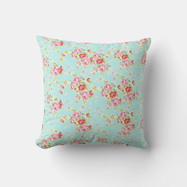 Coussin Fleurs roses minables bleues de roses floraux (Recto)