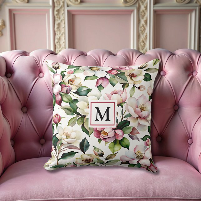 Coussin fleurs roses modernes et élégantes Monogramme fémi (Créateur téléchargé)