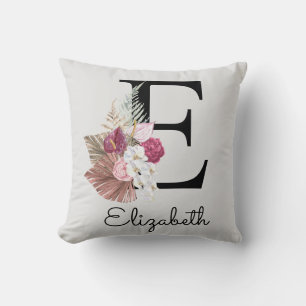 Coussin Fleurs roses modernes initiales E