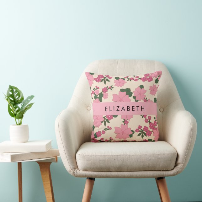 Coussin Fleurs Roses, Motif De Fleurs, Votre Nom (Chaise)