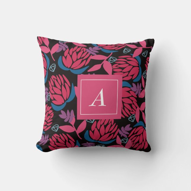 Coussin Fleurs roses noires élégantes monogramme (Recto)