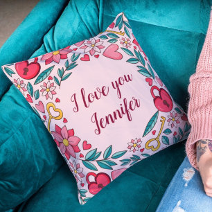 Coussin Fleurs roses Personnalisées Coeur Je t'aime Fête d