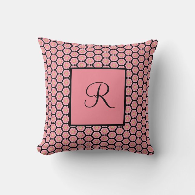 Coussin Fleurs roses personnalisées monogrammes (Recto)