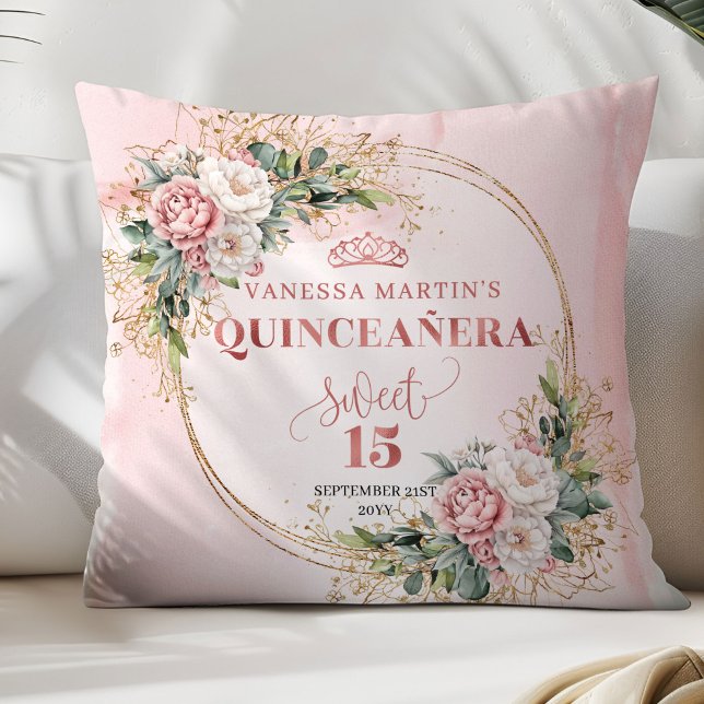 Coussin Fleurs roses poussiéreuses de verdure Cadeau parfa (Dusty Pink Flowers Greenery Perfect Gift 15th Pillow)
