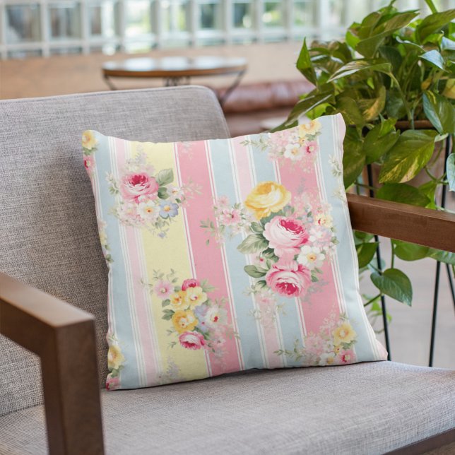 Coussin Fleurs roses rayées (Créateur téléchargé)