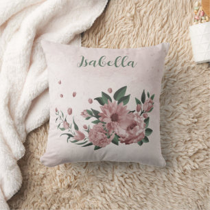 Coussin Fleurs roses romantiques et feuilles vertes