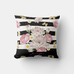 Coussin Fleurs Roses Roses Papillons Dorés Blanc Noir