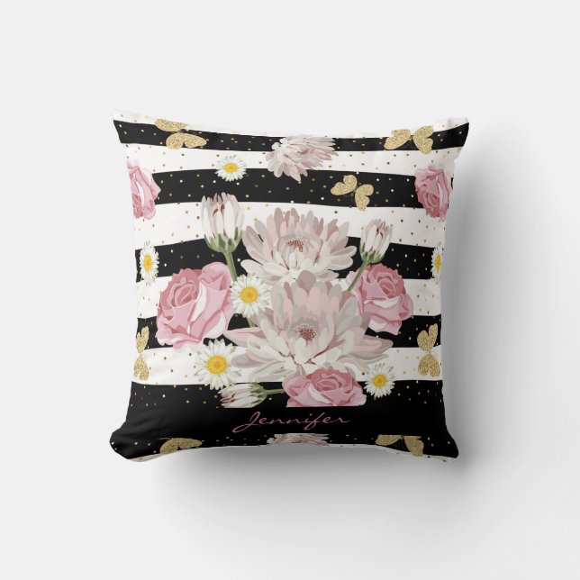 Coussin Fleurs Roses Roses Papillons Dorés Blanc Noir (Recto)