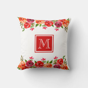Coussin Fleurs roses rouges orange monogrammes