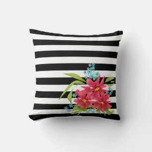 Coussin Fleurs roses sans couture florales rayées noir bla