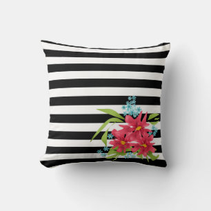 Coussin Fleurs roses sans joint floral noir blanc rayé l