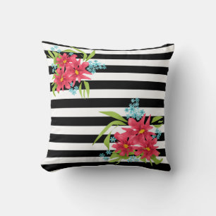 Coussin Fleurs roses sans joint floral noir blanc rayé l