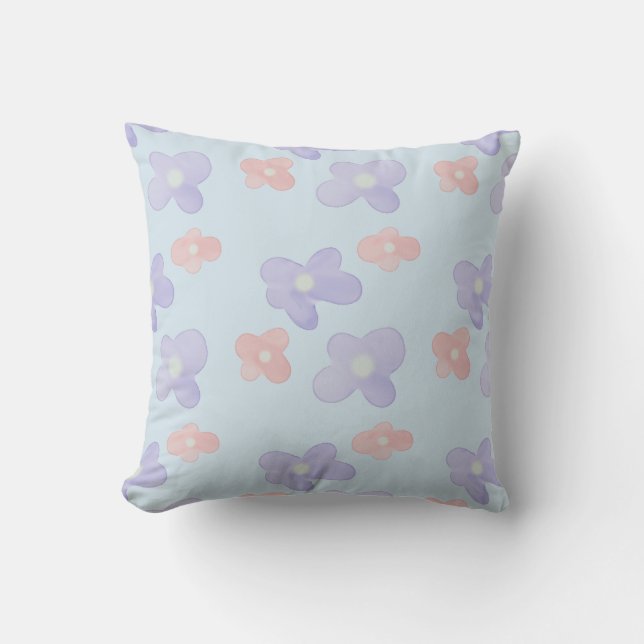 Coussin Fleurs roses sur bleu pastel (Recto)