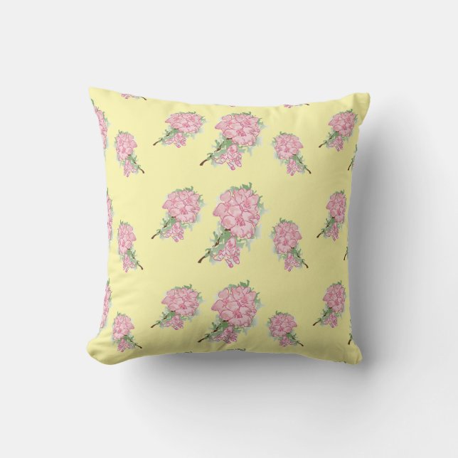 Coussin Fleurs roses sur jaune (Recto)