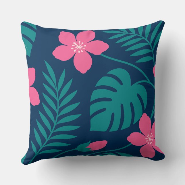 Coussin Fleurs roses tropicales et feuillage vert Design (Verso)