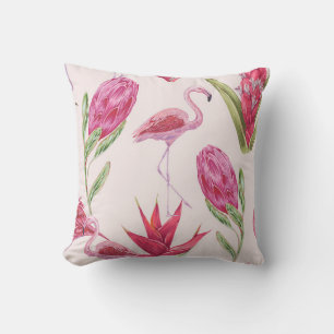 Coussin Fleurs roses tropicales, protéa, oiseau de paradis