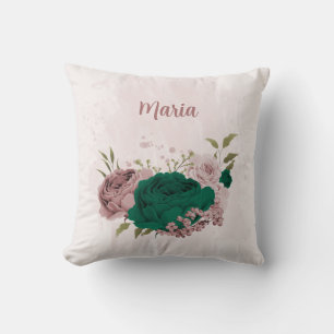 Coussin fleurs roses vert émeraude