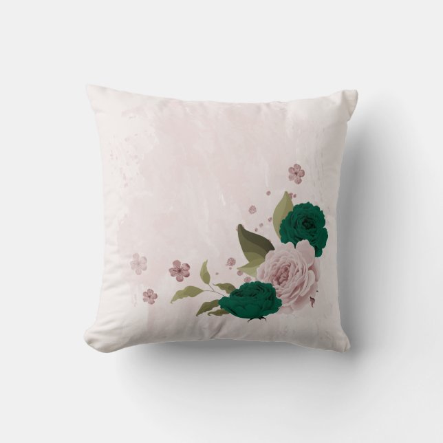 Coussin fleurs roses vert émeraude  (Recto)