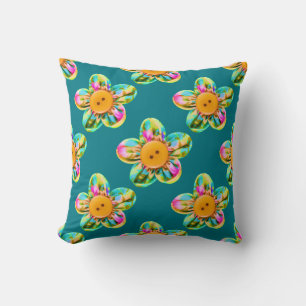 Coussin Fleurs roses, violettes, jaunes sur turquoise