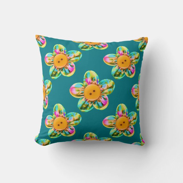 Coussin Fleurs roses, violettes, jaunes sur turquoise (Recto)