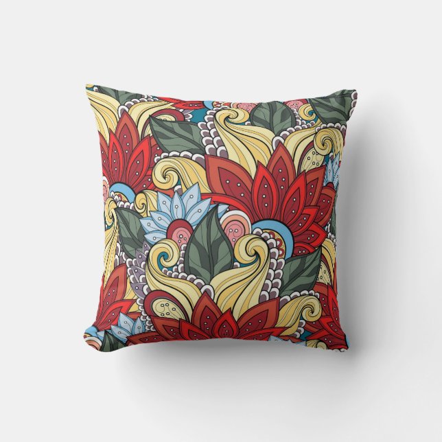 Coussin Fleurs Rouge Jaune Bleu Vert Et Fleurs (Recto)