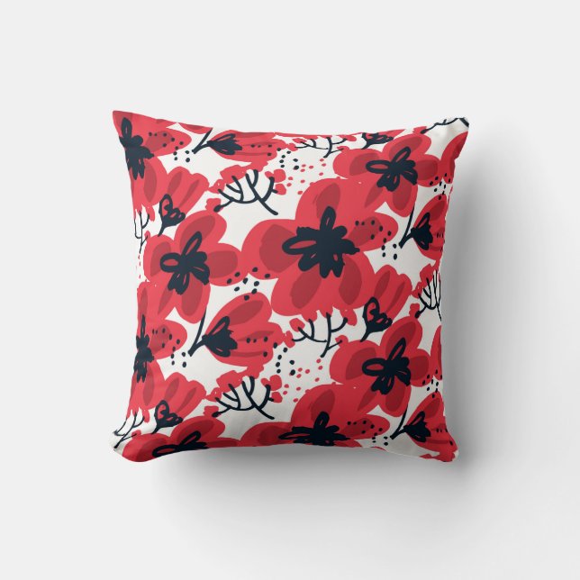 Coussin Fleurs rouges Abstraites dessinées à la main sans  (Recto)