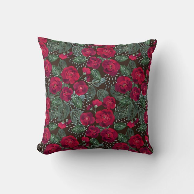 Coussin Fleurs rouges, aquarelle motifs floraux. (Recto)