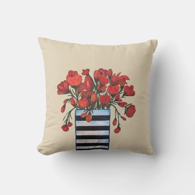 Coussin Fleurs rouges avec des beaux-arts rayés de vase (Recto)