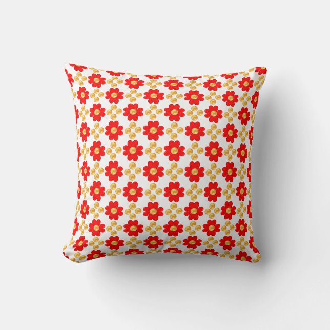 Coussin Fleurs rouges avec points d'or sur blanc (Recto)