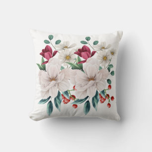 Coussin Fleurs Rouges Blanches Floral Feuillage Baies Roug